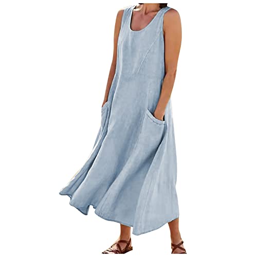 Ansenesna Leinenkleider Damen Leichtes Langes Sommerkleid mit Taschen Damen Leinen Elegantes Maxikleider Damen Sommer Lange Kleider Frauen Luftige Sommerkleider Ohne Ärmel Leichte Damenkleider von Ansenesna