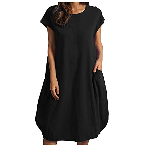 Ansenesna Leinenkleider mit Taschen Damen Knielang Elegant Kleid Frauen Leinen Einfarbig Locker Sommerkleid Leichte Sommerkleider (Schwarz,XXL) von Ansenesna