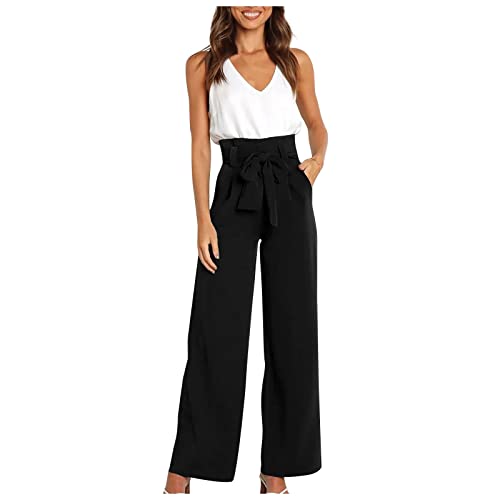 Ansenesna Marlene Hose Damen Lang Weites Bein Weite Hose Damen Sommer Leicht Palazzo Hose Damen High Waist Leichte Sommerhose Damen Einfarbig Wickel Hose Mit Gummizug Frauen Baggy Hose von Ansenesna