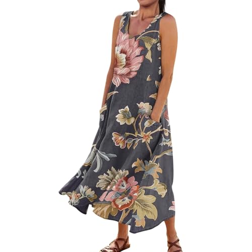 Ansenesna Maxikleid Damen Sommer Ärmellos Sommerkleid Damen Lang Elegant Blumen Sommerkleider Damen Leicht Und Luftig Kleider Frauen Maxi Damenkleider mit Taschen High Waist Blumenkleid von Ansenesna
