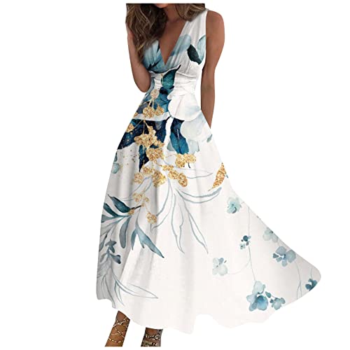 Ansenesna Maxikleid Damen Sommer Blumen Kleid Damen Elegant Lang Sommerkleid V Ausschnitt Elegante Kleider Ärmellos Sommerkleider Damen Leicht Und Luftig Strandkleid Frauen Maxi Tailliert Kleid von Ansenesna