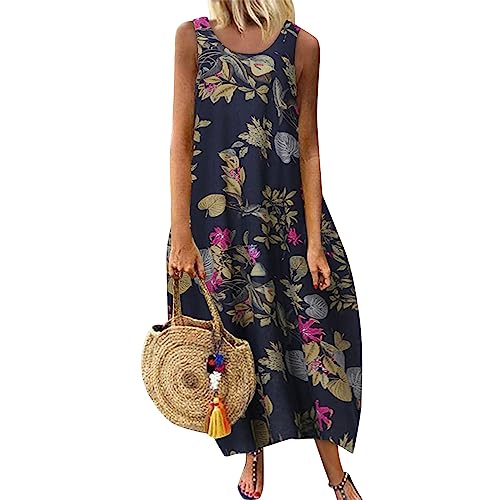 Ansenesna Maxikleid Damen Sommer Blumen Sommerkleid Damen Leicht Lang Kleider Frauen Luftig Elegant Vintage Luftige Sommerkleider Ärmellos Langes Strandkleid Ohne Ärmel Locker Maxi Kleid von Ansenesna