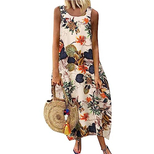 Ansenesna Maxikleid Damen Sommer Blumen Sommerkleid Damen Leicht Lang Kleider Frauen Luftig Elegant Vintage Luftige Sommerkleider Ärmellos Langes Strandkleid Ohne Ärmel Locker Maxi Kleid von Ansenesna