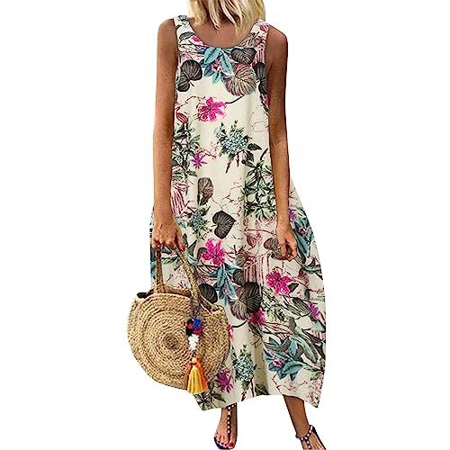 Ansenesna Maxikleid Damen Sommer Blumen Sommerkleid Damen Leicht Lang Kleider Frauen Luftig Elegant Vintage Luftige Sommerkleider Ärmellos Langes Strandkleid Ohne Ärmel Locker Maxi Kleid von Ansenesna