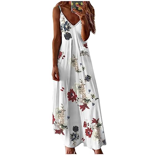Ansenesna Maxikleid Damen Sommer Elegant Blumen Sommerkleid Damen Lang Spaghettiträger Kleider V Ausschnitt Lange Sommerkleider Leicht und Luftig Maxi Strandkleid Frauen Träger Trägerkleid von Ansenesna