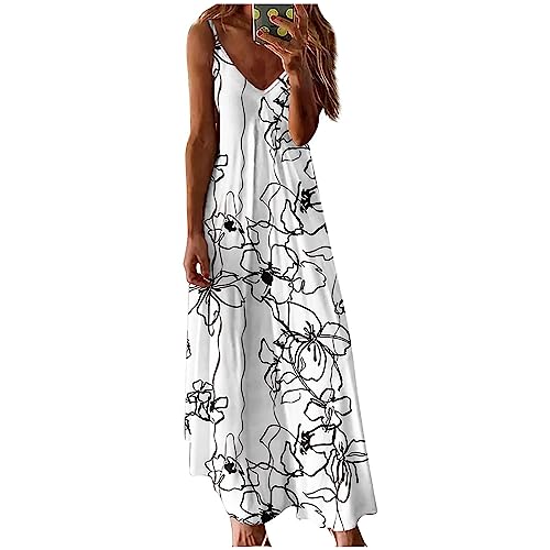 Ansenesna Maxikleid Damen Sommer Elegant Blumen Sommerkleid Damen Lang Spaghettiträger Kleider V Ausschnitt Lange Sommerkleider Leicht und Luftig Maxi Strandkleid Frauen Träger Trägerkleid von Ansenesna