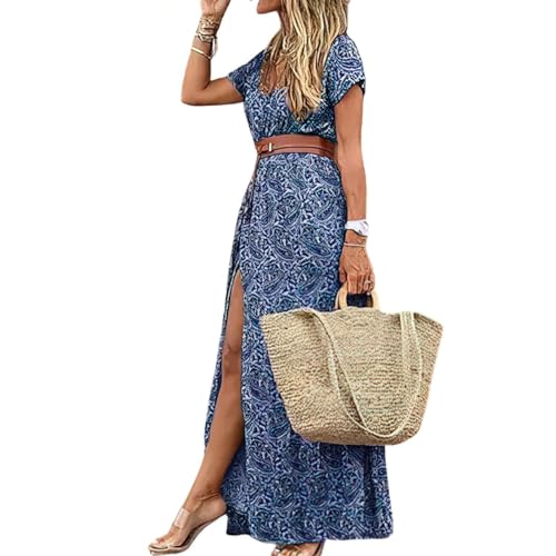 Ansenesna Maxikleid Damen Sommer Elegant Boho Sommerkleid Damen Lang Sommerkleider Damen Leicht Und Luftig Kleider Frauen V Ausschnitt Kleid Vintage Damenkleider mit Gürtel von Ansenesna