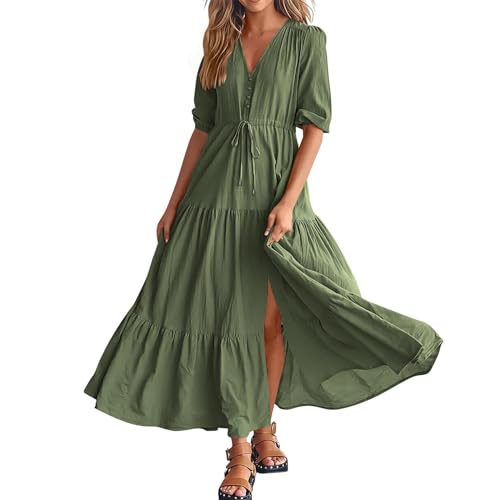 Ansenesna Maxikleid Damen Sommer Elegant Kleid mit Schlitz Sommerkleid Lang V Ausschnitt Elegante Kleider Halbarm Sommerkleider Damen Leicht Und Luftig Strandkleid Maxi Tailliert Damenkleider von Ansenesna