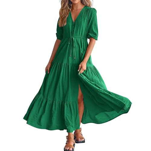 Ansenesna Maxikleid Damen Sommer Elegant Kleid mit Schlitz Sommerkleid Lang V Ausschnitt Elegante Kleider Halbarm Sommerkleider Damen Leicht Und Luftig Strandkleid Maxi Tailliert Damenkleider von Ansenesna