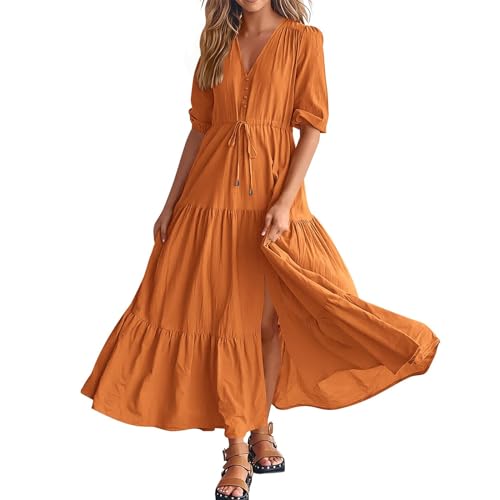 Ansenesna Maxikleid Damen Sommer Elegant Kleid mit Schlitz Sommerkleid Lang V Ausschnitt Elegante Kleider Halbarm Sommerkleider Damen Leicht Und Luftig Strandkleid Maxi Tailliert Damenkleider von Ansenesna