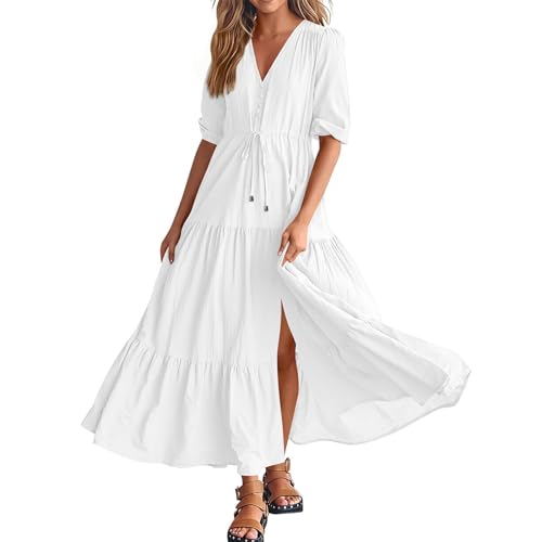 Ansenesna Maxikleid Damen Sommer Elegant Kleid mit Schlitz Sommerkleid Lang V Ausschnitt Elegante Kleider Halbarm Sommerkleider Damen Leicht Und Luftig Strandkleid Maxi Tailliert Damenkleider von Ansenesna