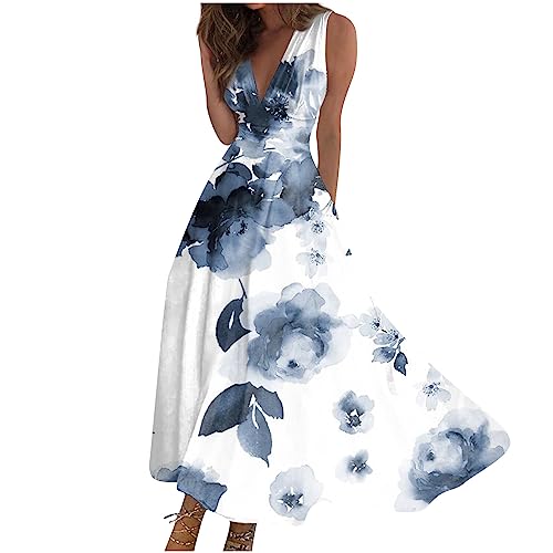 Ansenesna Maxikleid Damen Sommer Elegant Sommerkleid Damen Lang V Ausschnitt Elegante Kleider Sommer Ärmellos Sommerkleider Damen Leicht und Luftig Lange Strandkleid Frauen Tailliert Kleid von Ansenesna