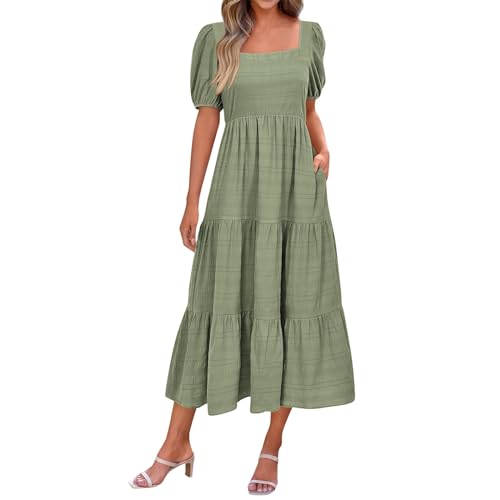 Ansenesna Maxikleid Damen Sommer Elegant Sommerkleid Damen Lang Volant Elegante Kleider Puffärmel Strandkleid Frauen Gesmoktes Volantkleider Luftige Sommerkleider Damen Leicht Und Luftig von Ansenesna