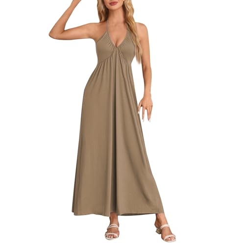 Ansenesna Maxikleid Damen Sommer Neckholder Sommerkleid Damen Lang Elegant Spaghettiträger Sommerkleider Damen Leicht und Luftig Empire Kleider Frauen V Ausschnitt Strandkleid Rückenfrei Kleid von Ansenesna