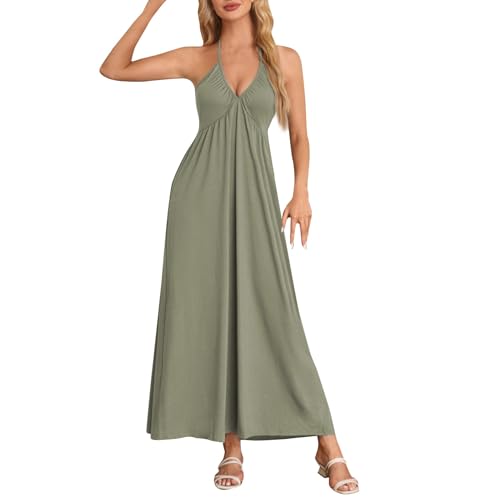 Ansenesna Maxikleid Damen Sommer Neckholder Sommerkleid Damen Lang Elegant Spaghettiträger Sommerkleider Damen Leicht und Luftig Empire Kleider Frauen V Ausschnitt Strandkleid Rückenfrei Kleid von Ansenesna