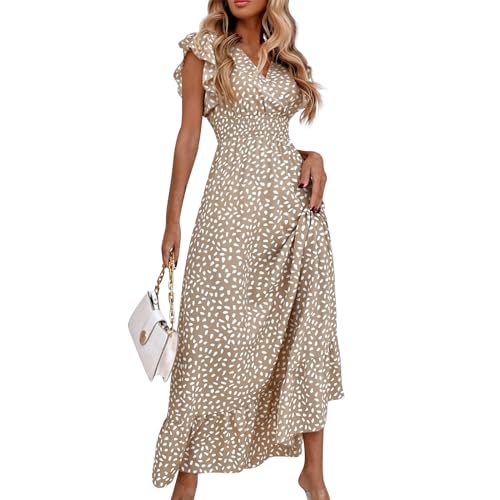 Ansenesna Maxikleid Damen Sommer V Ausschnitt Kleid Damen Elegant Sommer Sommerkleid Lang Elegante Kleider Rüschen Ärmel Sommerkleider Damen Leicht Und Luftig Strandkleid Maxi Tailliert Kleid von Ansenesna