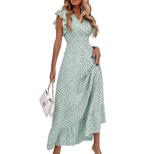 Ansenesna Maxikleid Damen Sommer V Ausschnitt Kleid Damen Elegant Sommer Sommerkleid Lang Elegante Kleider Rüschen Ärmel Sommerkleider Damen Leicht Und Luftig Strandkleid Maxi Tailliert Kleid von Ansenesna