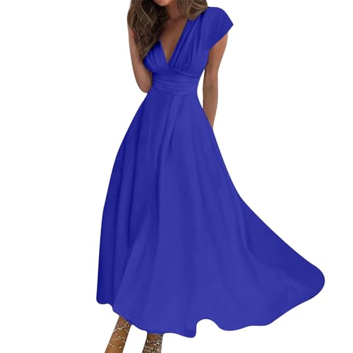 Ansenesna Maxikleid Damen Sommer V Ausschnitt Kleid Damen Elegant Sommerkleid Lang Ärmellos Elegante Kleider Sommerkleider Damen Leicht Und Luftig Strandkleid Frauen Maxi Tailliert Damenkleider von Ansenesna
