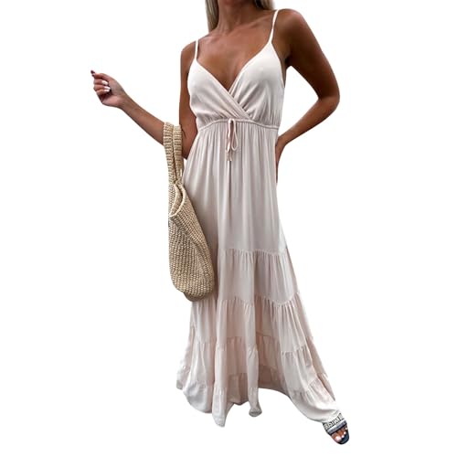 Ansenesna Maxikleid Damen Sommer Volant Spaghettiträger Sommerkleid Damen Lang Elegant Sommerkleider Damen Leicht Und Luftig Kleider Frauen V Ausschnitt Damenkleider mit Gürtel Volantkleider von Ansenesna