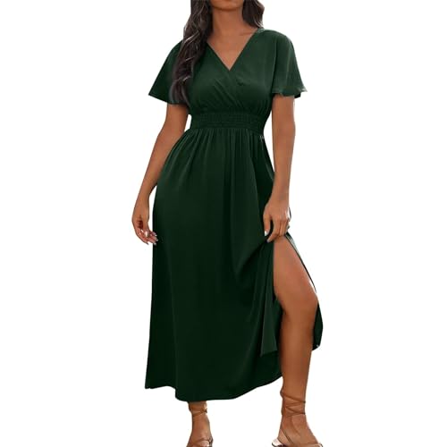 Ansenesna Maxikleid Damen Sommer mit Ärmel Sommerkleid Damen Lang Elegant Kleid mit Schlitz Sommerkleider Damen Leicht Und Luftig Kleider Frauen V Ausschnitt Damenkleider Tailliert Kleider von Ansenesna