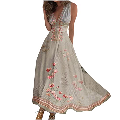 Ansenesna Maxikleid Hippie Boho Damen Vintage Sommerkleid Damen Leicht Lang Blumen Kleider Frauen V Ausschnitt Luftige Sommerkleider Ärmellos Langes Strandkleid Elegant Maxi Kleid von Ansenesna