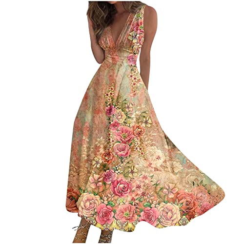 Ansenesna Maxikleid Hippie Boho Damen Vintage Sommerkleid Damen Leicht Lang Blumen Kleider Frauen V Ausschnitt Luftige Sommerkleider Ärmellos Langes Strandkleid Elegant Maxi Kleid von Ansenesna