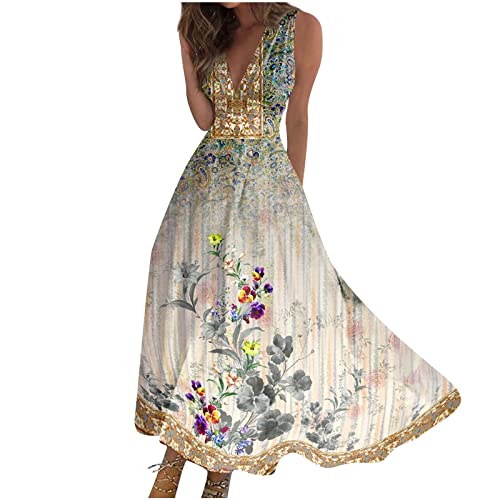 Ansenesna Maxikleid Hippie Boho Damen Vintage Sommerkleid Damen Leicht Lang Blumen Kleider Frauen V Ausschnitt Luftige Sommerkleider Ärmellos Langes Strandkleid Elegant Maxi Kleid von Ansenesna