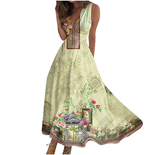Ansenesna Maxikleid Hippie Boho Damen Vintage Sommerkleid Damen Leicht Lang Blumen Kleider Frauen V Ausschnitt Luftige Sommerkleider Ärmellos Langes Strandkleid Elegant Maxi Kleid von Ansenesna