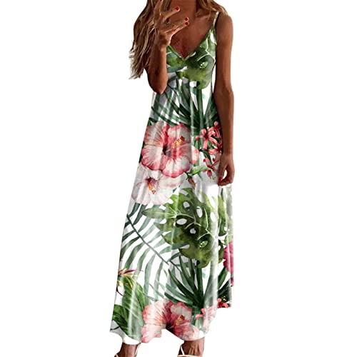 Ansenesna Maxikleider Damen Sommer,Italienische Kleider Damen V Ausschnitt Strandkleid Elegant Blumen Sommerkleid Spaghettiträger Boho-Kleid Lange Trägerkleid Frauen Elegante Luftige Sommerkleider von Ansenesna