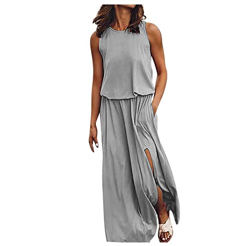 Ansenesna Maxikleider Damen Sommer,Sommerkleid Damen Ärmellos Lang Kleid Mit Schlitz Lange Strandkleid Elegant Luftige Sommerkleider Einfarbig Italienische Kleider Frauen Elegante Damenkleider von Ansenesna