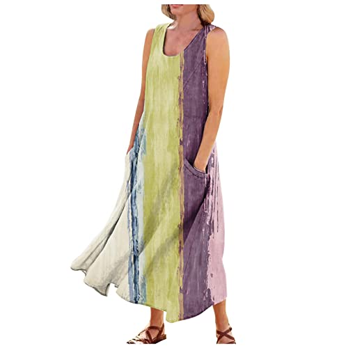 Ansenesna Maxikleider Damen Sommer Blumen Kleider Damen Lang Strandkleid Elegant Ärmellos Luftige Sommerkleider Frauen Blumenmuster Elegante Maxi Sommerkleid Locker Lange Damenkleider mit Taschen von Ansenesna