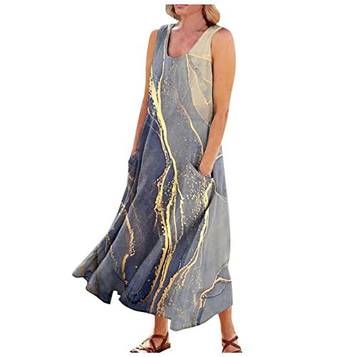 Ansenesna Maxikleider Damen Sommer Blumen Kleider Damen Lang Strandkleid Elegant Ärmellos Luftige Sommerkleider Frauen Blumenmuster Elegante Maxi Sommerkleid Locker Lange Damenkleider mit Taschen von Ansenesna