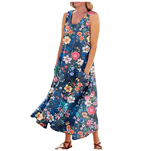 Ansenesna Maxikleider Damen Sommer Blumen Kleider Damen Lang Strandkleid Elegant Ärmellos Luftige Sommerkleider Frauen Blumenmuster Elegante Maxi Sommerkleid Locker Lange Damenkleider mit Taschen von Ansenesna