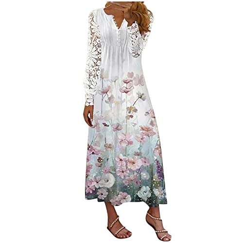 Ansenesna Maxikleider Damen Sommer Blumen Lange Sommerkleid Damen Ärmel Spitze Langarm Luftige Sommerkleider Elegant Kleider Frauen V Ausschnitt Lang Elegante Damenkleider Knöpf Leicht Strandkleid von Ansenesna