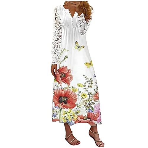 Ansenesna Maxikleider Damen Sommer Blumen Lange Sommerkleid Damen Ärmel Spitze Langarm Luftige Sommerkleider Elegant Kleider Frauen V Ausschnitt Lang Elegante Damenkleider Knöpf Leicht Strandkleid von Ansenesna
