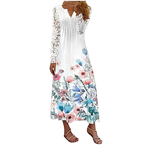 Ansenesna Maxikleider Damen Sommer Blumen Lange Sommerkleid Damen Ärmel Spitze Langarm Luftige Sommerkleider Elegant Kleider Frauen V Ausschnitt Lang Elegante Damenkleider Knöpf Leicht Strandkleid von Ansenesna