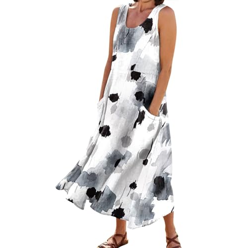 Ansenesna Maxikleider Damen Sommer Blumen Langes Sommerkleid Damen Leicht Elegant Maxi Kleider Ärmellos Strandkleid Frauen Locker Luftige Sommerkleider mit Taschen Leichte Italienische Kleider von Ansenesna