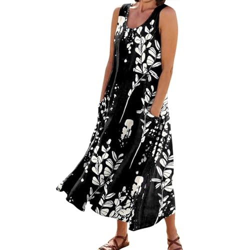 Ansenesna Maxikleider Damen Sommer Blumen Langes Sommerkleid Damen Leicht Elegant Maxi Kleider Ärmellos Strandkleid Frauen Locker Luftige Sommerkleider mit Taschen Leichte Italienische Kleider von Ansenesna