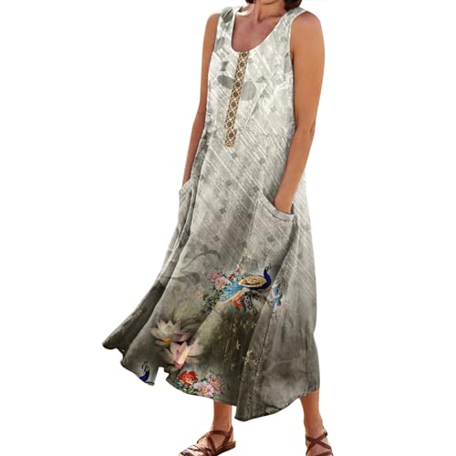 Ansenesna Maxikleider Damen Sommer Blumen Langes Sommerkleid Damen Leicht Elegant Maxi Kleider Ärmellos Strandkleid Frauen Locker Luftige Sommerkleider mit Taschen Leichte Italienische Kleider von Ansenesna
