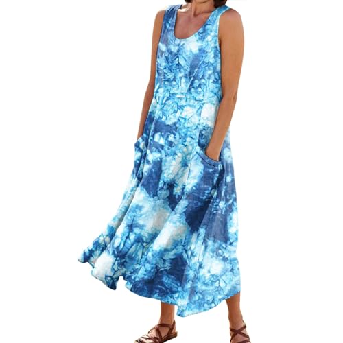 Ansenesna Maxikleider Damen Sommer Blumen Langes Sommerkleid Damen Leicht Elegant Maxi Kleider Ärmellos Strandkleid Frauen Locker Luftige Sommerkleider mit Taschen Leichte Italienische Kleider von Ansenesna