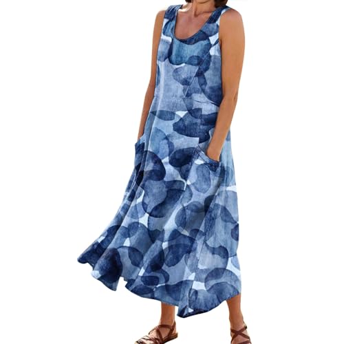 Ansenesna Maxikleider Damen Sommer Blumen Langes Sommerkleid Damen Leicht Elegant Maxi Kleider Ärmellos Strandkleid Frauen Locker Luftige Sommerkleider mit Taschen Leichte Italienische Kleider von Ansenesna