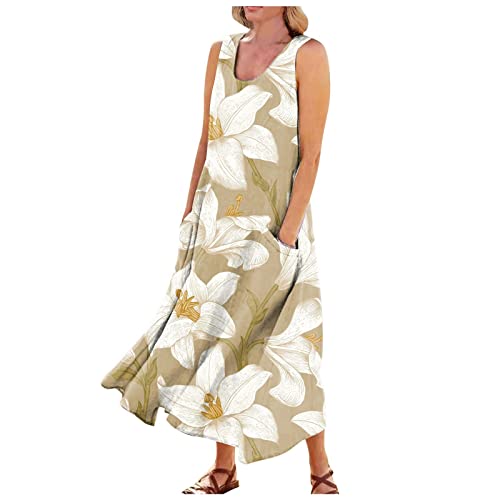 Ansenesna Maxikleider Damen Sommer Blumen Sommerkleid Damen Lang Ärmellos Strandkleid Elegant Luftige Sommerkleider Frauen Blumenmuster Elegante Maxi Kleider Leicht Lange Damenkleider mit Taschen von Ansenesna