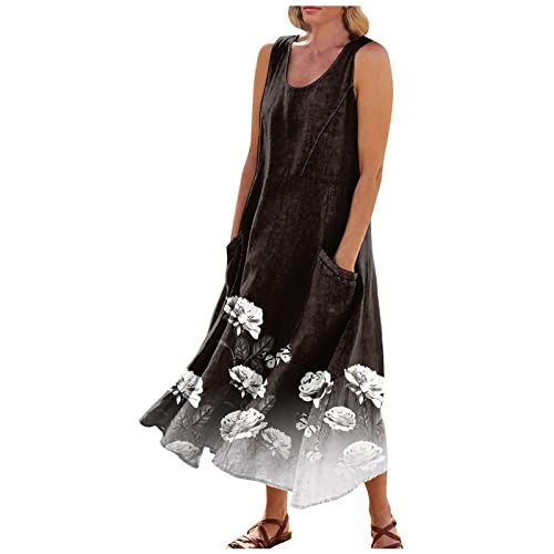 Ansenesna Maxikleider Damen Sommer Blumen Sommerkleid Damen Lang Ärmellos Strandkleid Elegant Luftige Sommerkleider Frauen Blumenmuster Elegante Maxi Kleider Leicht Lange Damenkleider mit Taschen von Ansenesna