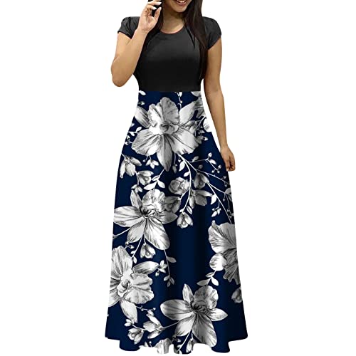 Ansenesna Maxikleider Damen Sommer Blumen Sommerkleid Damen Lang Luftige Sommerkleider Elegant Italienische Kleider Frauen Kurzarm Elegante Damenkleider Blumenmuster Lange Maxi Strandkleid von Ansenesna