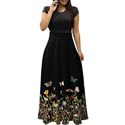 Ansenesna Maxikleider Damen Sommer Blumen Sommerkleid Damen Lang Luftige Sommerkleider Elegant Italienische Kleider Frauen Kurzarm Elegante Damenkleider Blumenmuster Lange Maxi Strandkleid von Ansenesna