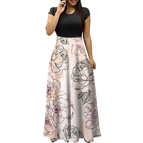 Ansenesna Maxikleider Damen Sommer Blumen Sommerkleid Damen Lang Luftige Sommerkleider Elegant Italienische Kleider Frauen Kurzarm Elegante Damenkleider Blumenmuster Lange Maxi Strandkleid von Ansenesna