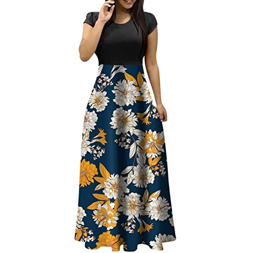 Ansenesna Maxikleider Damen Sommer Blumen Sommerkleid Damen Lang Luftige Sommerkleider Elegant Italienische Kleider Frauen Kurzarm Elegante Damenkleider Blumenmuster Lange Maxi Strandkleid von Ansenesna