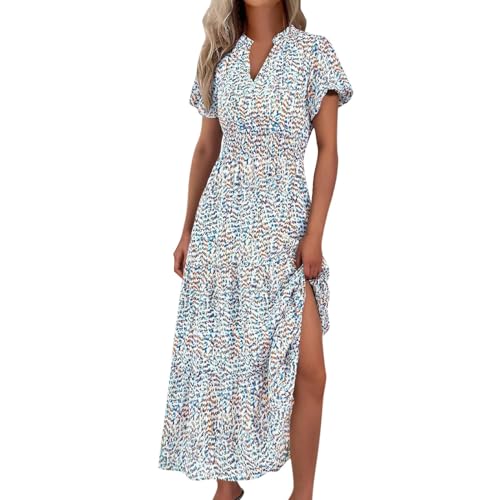 Ansenesna Maxikleider Damen Sommer Geblümt Sommerkleid Damen Lang Elegant Luftige Sommerkleider V Ausschnitt Italienische Kleider Frauen Kurzarm Geblümtes Boho Kleid Leicht Lange Strandkleid von Ansenesna