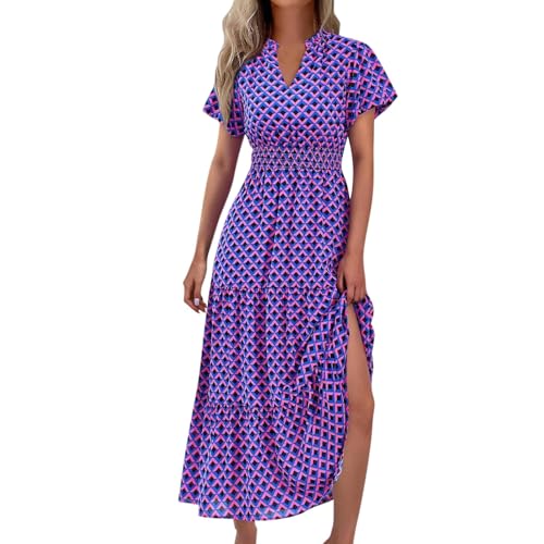 Ansenesna Maxikleider Damen Sommer Geblümt Sommerkleid Damen Lang Elegant Luftige Sommerkleider V Ausschnitt Italienische Kleider Frauen Kurzarm Geblümtes Boho Kleid Leicht Lange Strandkleid von Ansenesna