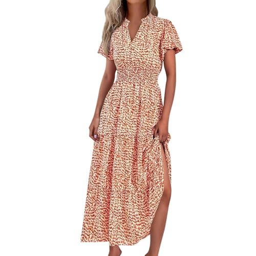 Ansenesna Maxikleider Damen Sommer Geblümt Sommerkleid Damen Lang Elegant Luftige Sommerkleider V Ausschnitt Italienische Kleider Frauen Kurzarm Geblümtes Boho Kleid Leicht Lange Strandkleid von Ansenesna